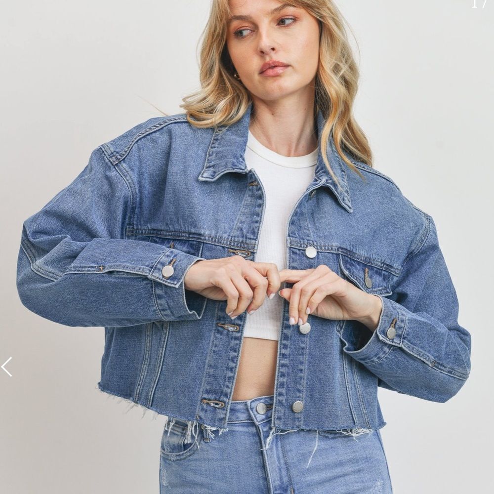 JUST USA Classic Denim Jacket Cropped Frayed Hem Indigo XL‎ Stitch Fix Nwt